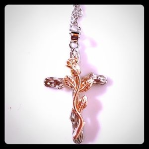Vintage rose/Sterling silver neclace -Cross
